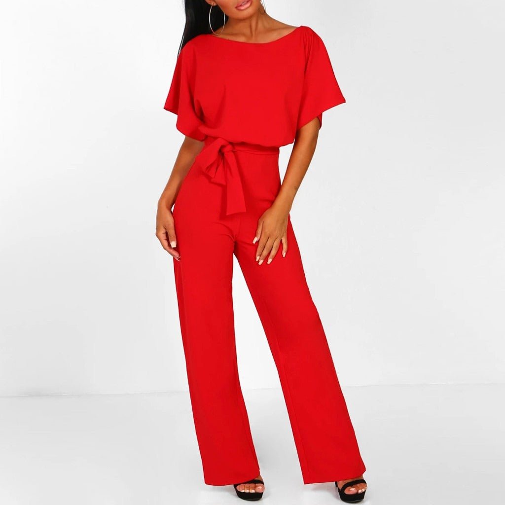 Women's Wide-Leg Belted Jumpsuit - Red