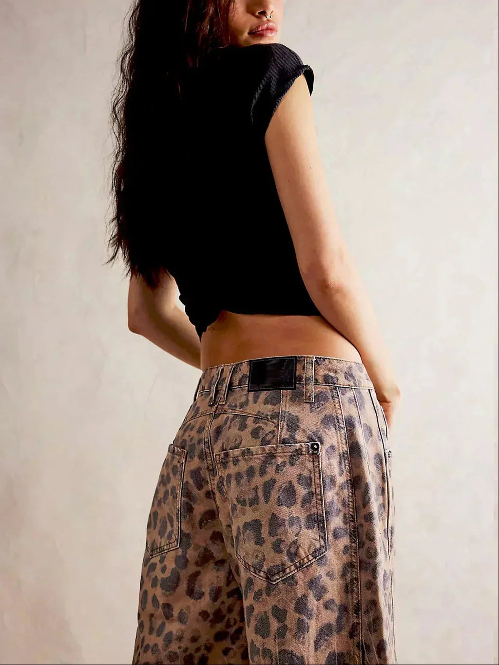 Women's Wide Leg High Waist Denim Jeans Leopard Print