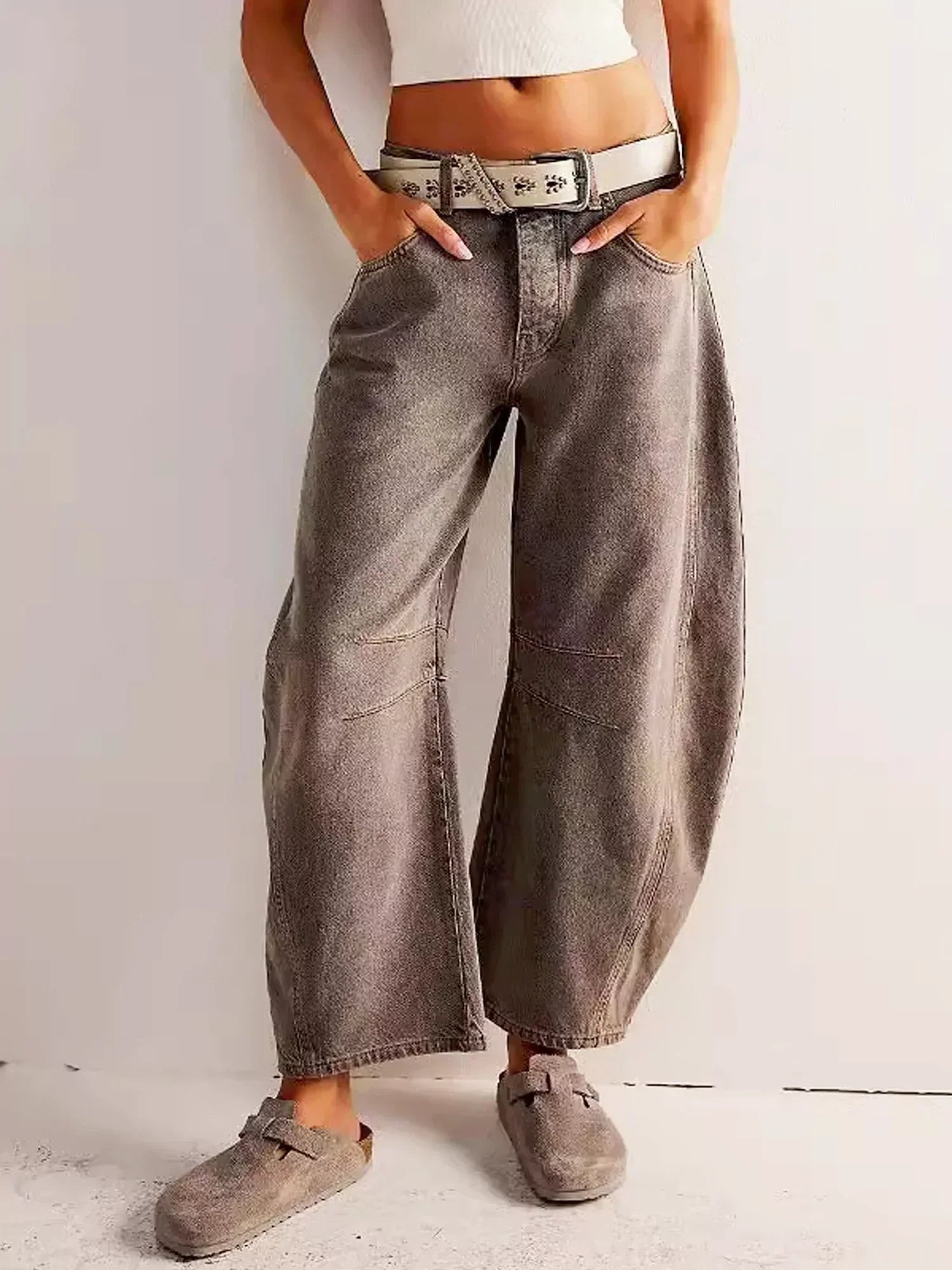 Women's Wide Leg High Waist Denim Jeans Leopard Print - Brown