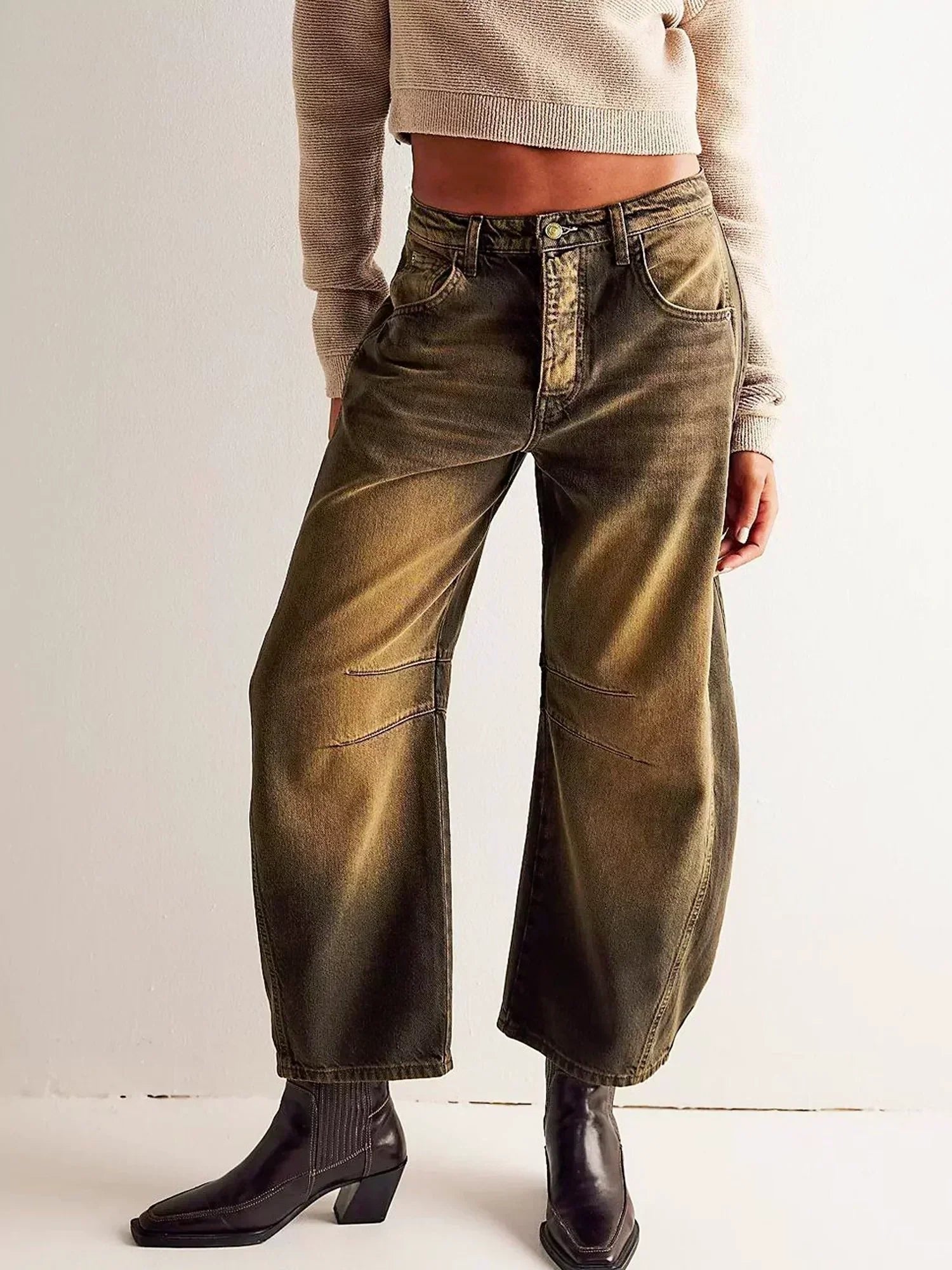 Women's Wide Leg High Waist Denim Jeans Leopard Print - Light Brown