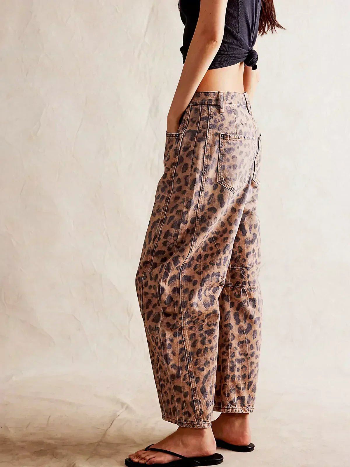 Women's Wide Leg High Waist Denim Jeans Leopard Print