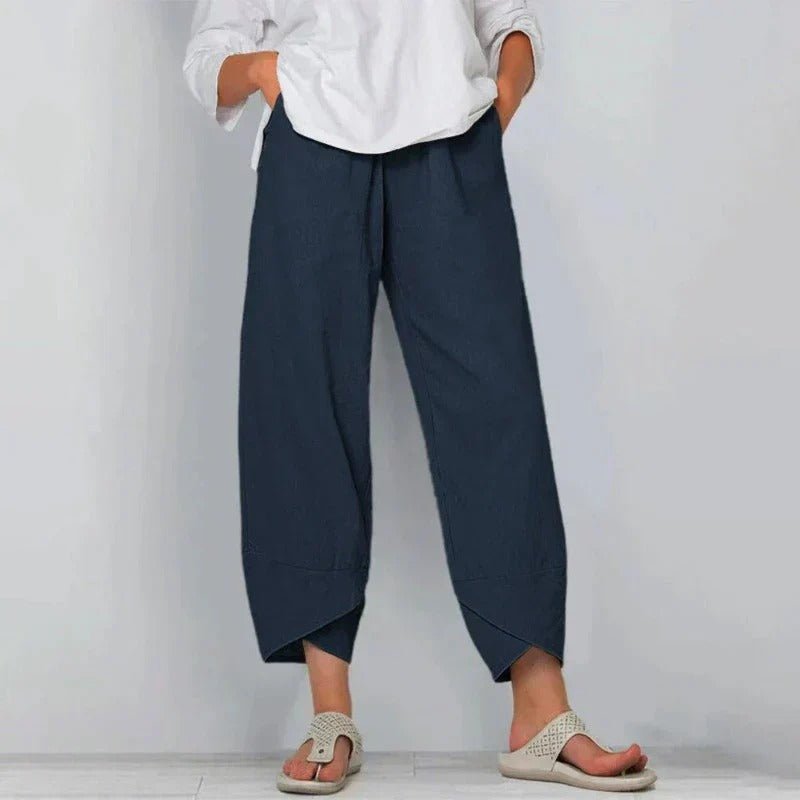 Women's Wide-Leg Linen Cross-Hem Lantern Pants - Navy