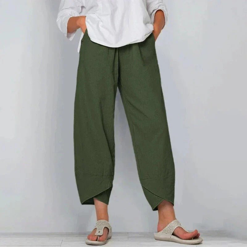 Women's Wide-Leg Linen Cross-Hem Lantern Pants - Army Green
