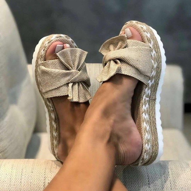 Women's Woven Wedge Bow-Accent Platform Sandals - Beige