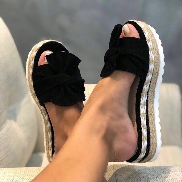Women's Woven Wedge Bow-Accent Platform Sandals - Black