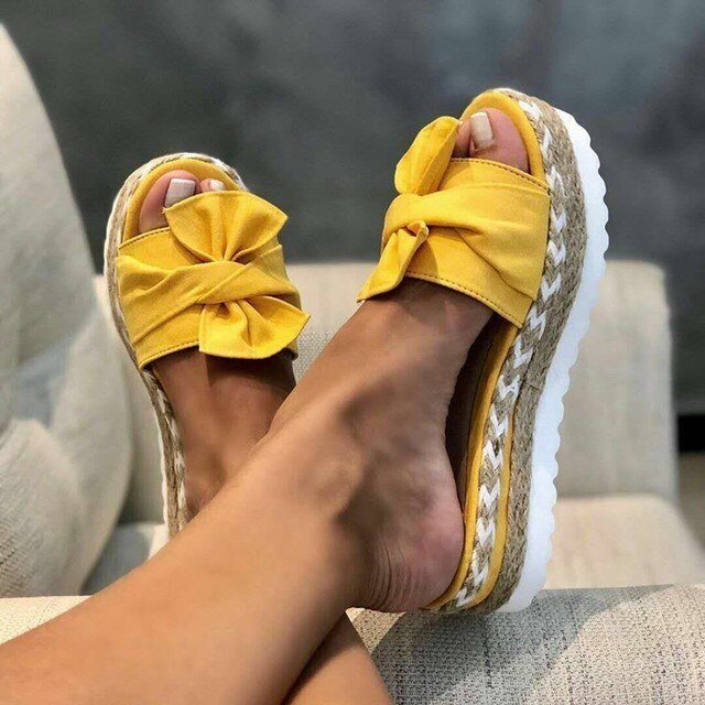 Women's Woven Wedge Bow-Accent Platform Sandals - Yellow
