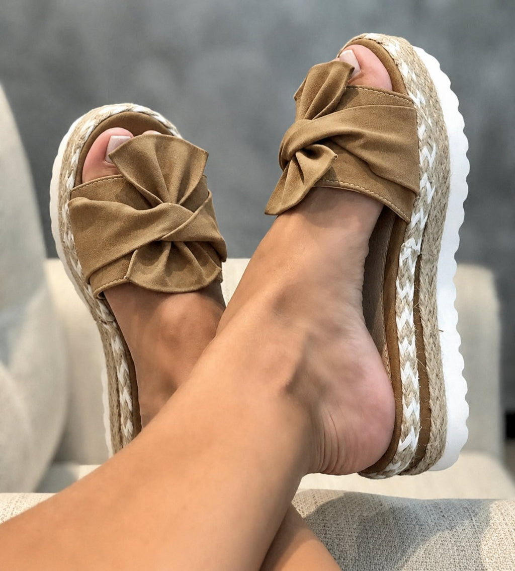 Women's Woven Wedge Bow-Accent Platform Sandals - Brown