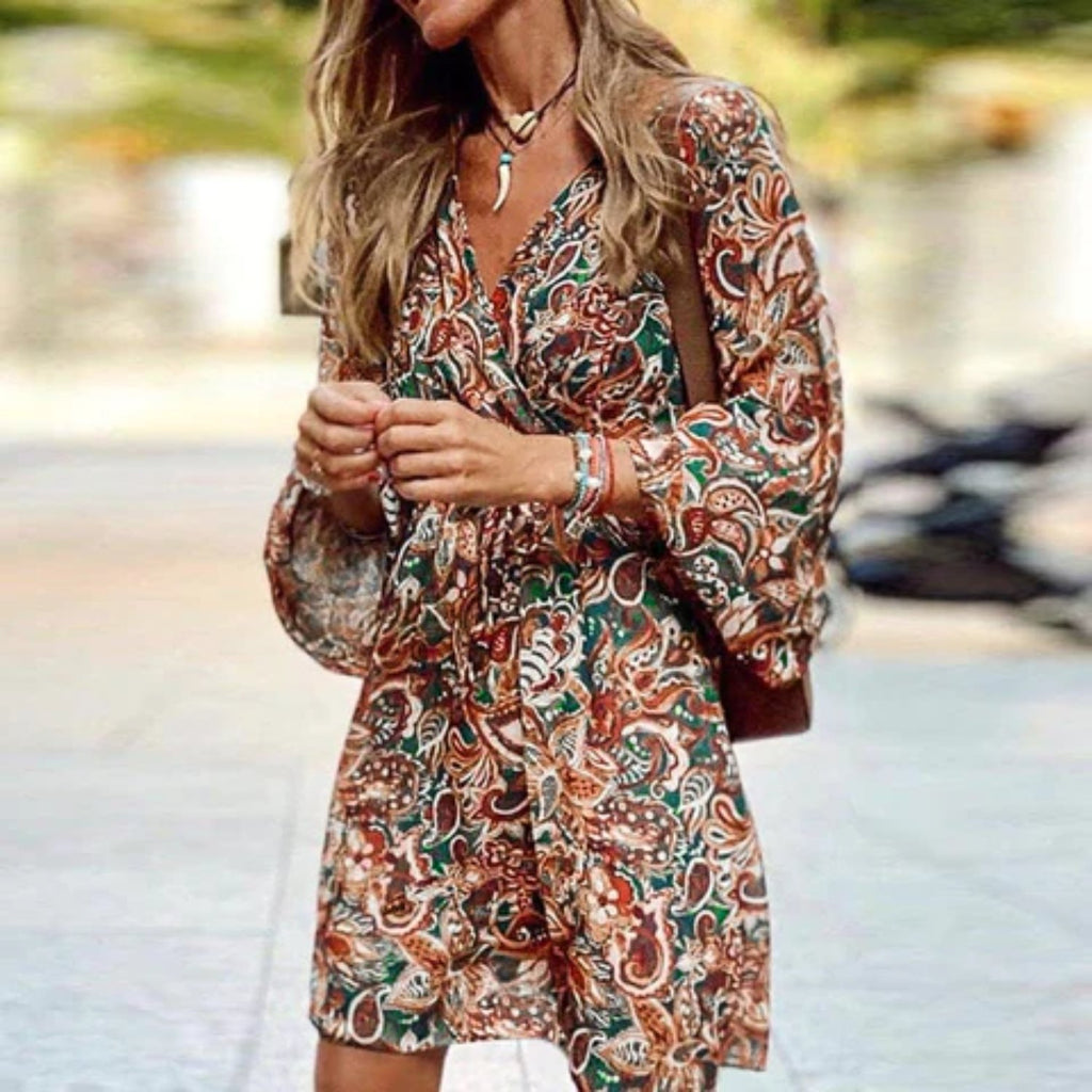Wrap Dress Boho Floral V-Neck Long Sleeve Flowy