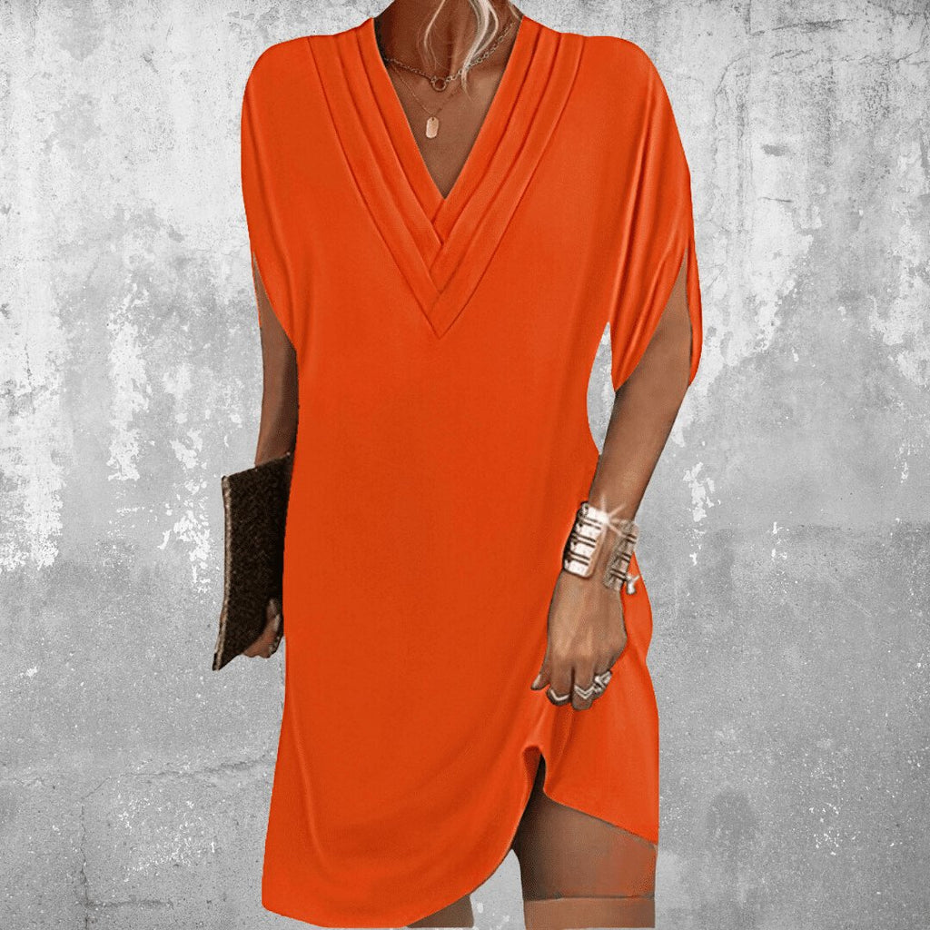 Wrap Dress V-Neck Short Sleeve Tummy Covering Elegant - Orange
